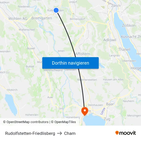 Rudolfstetten-Friedlisberg to Cham map