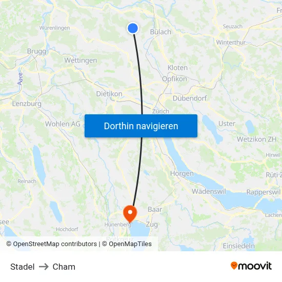 Stadel to Cham map