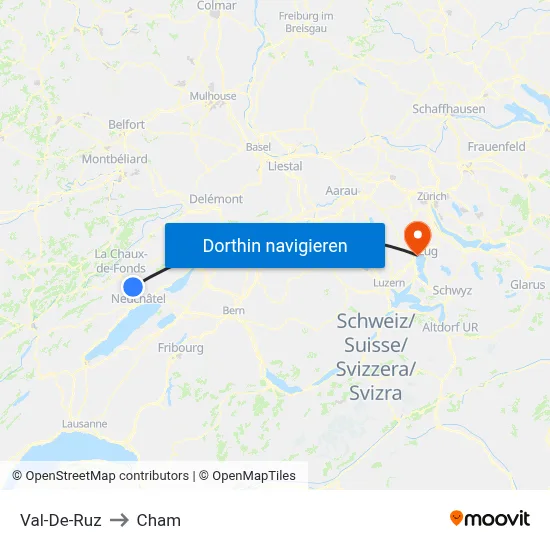 Val-De-Ruz to Cham map