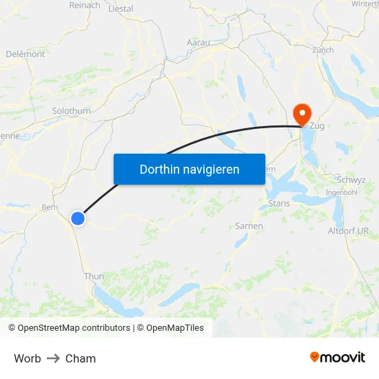 Worb to Cham map