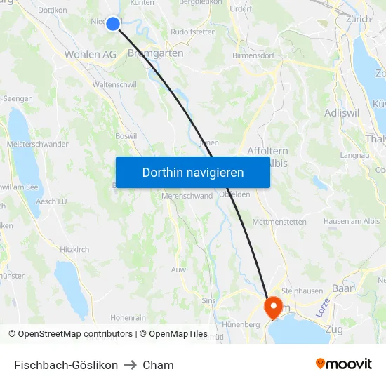 Fischbach-Göslikon to Cham map