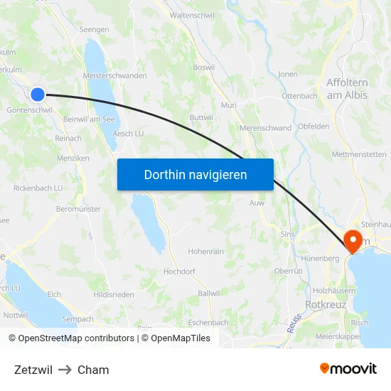 Zetzwil to Cham map