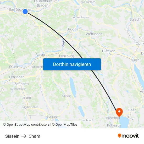 Sisseln to Cham map