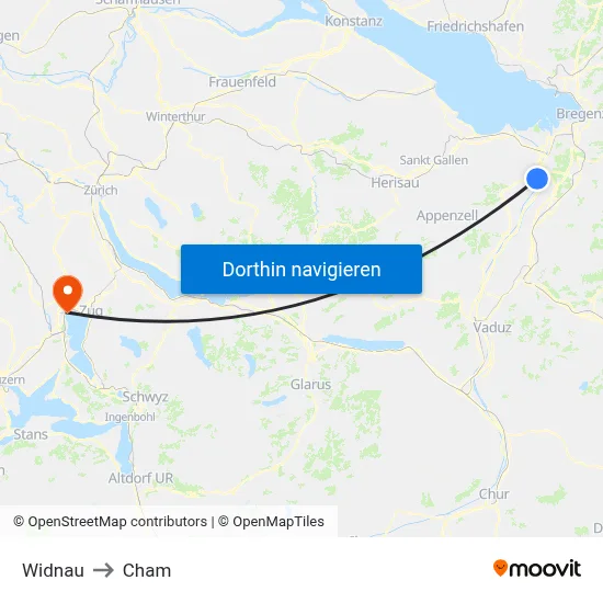 Widnau to Cham map