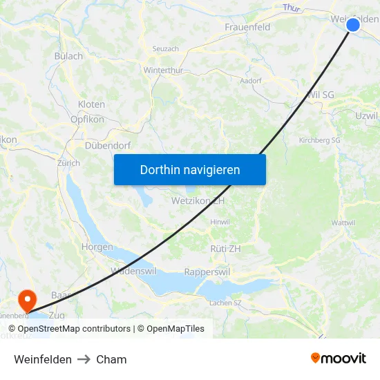 Weinfelden to Cham map