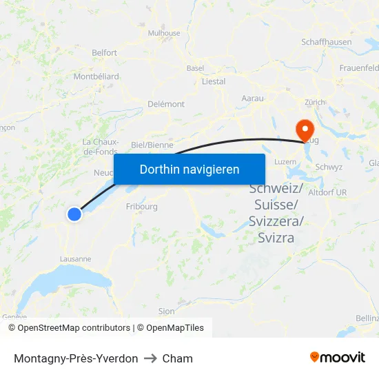Montagny-Près-Yverdon to Cham map