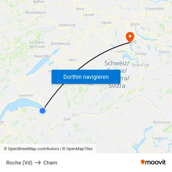 Roche (Vd) to Cham map