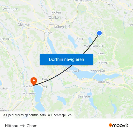 Hittnau to Cham map