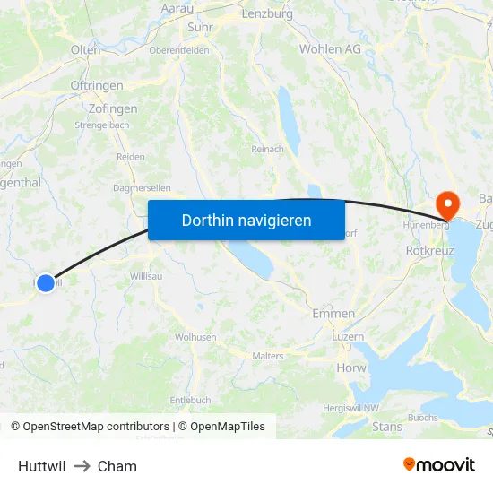 Huttwil to Cham map