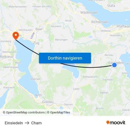 Einsiedeln to Cham map