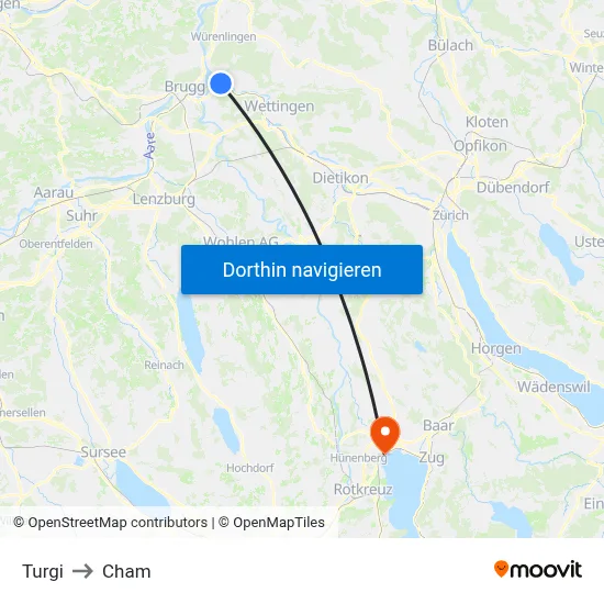 Turgi to Cham map