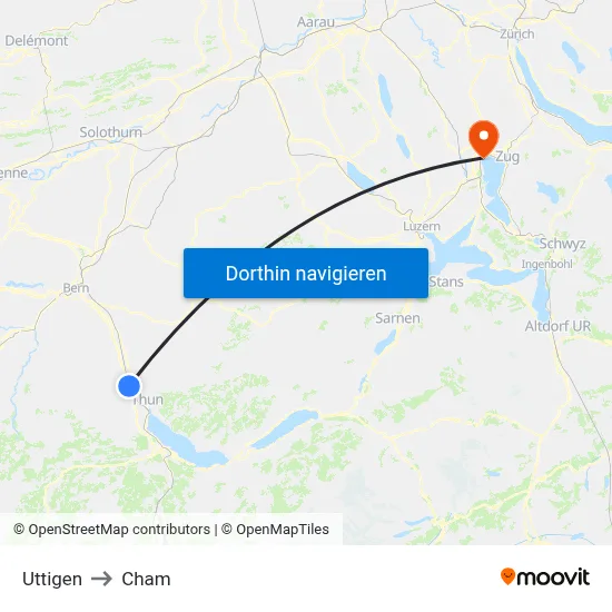 Uttigen to Cham map