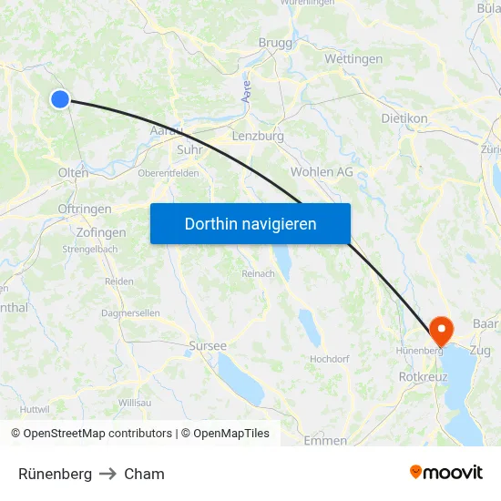 Rünenberg to Cham map