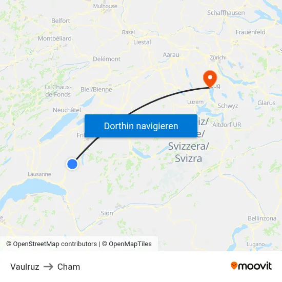 Vaulruz to Cham map