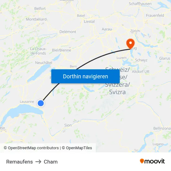 Remaufens to Cham map