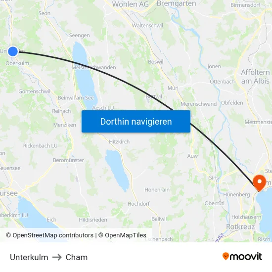 Unterkulm to Cham map