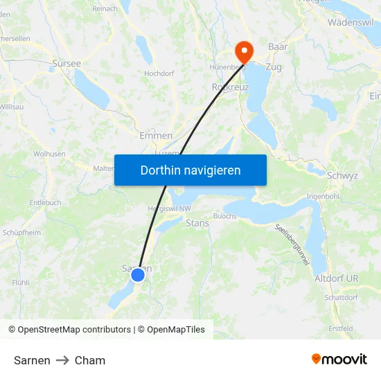 Sarnen to Cham map