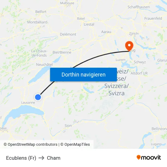 Ecublens (Fr) to Cham map