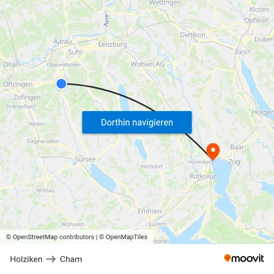 Holziken to Cham map