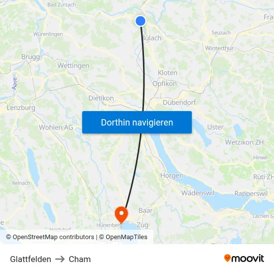 Glattfelden to Cham map