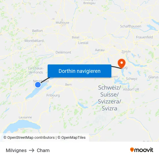 Milvignes to Cham map