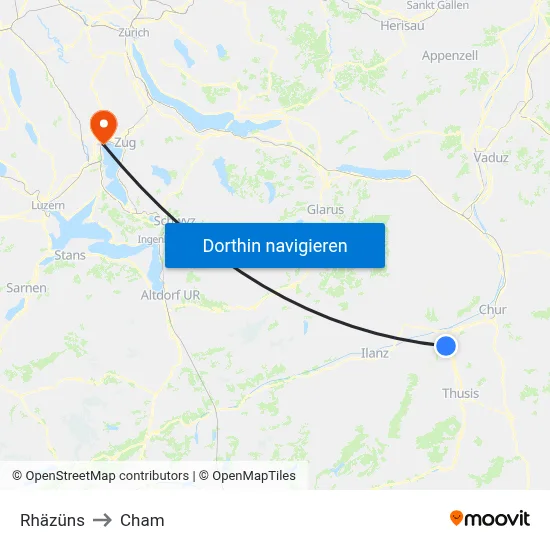 Rhäzüns to Cham map