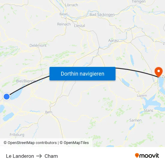Le Landeron to Cham map