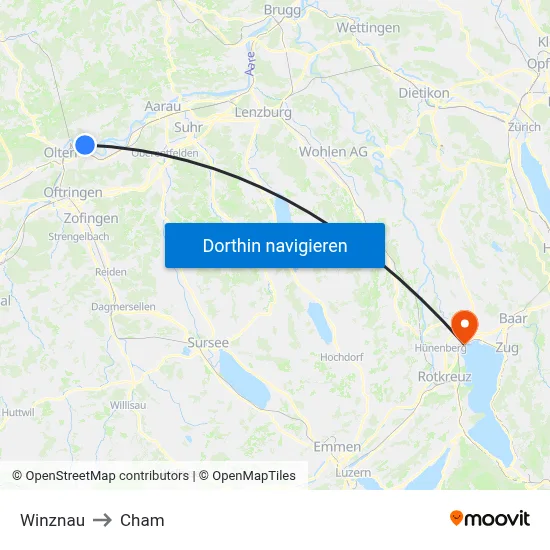 Winznau to Cham map