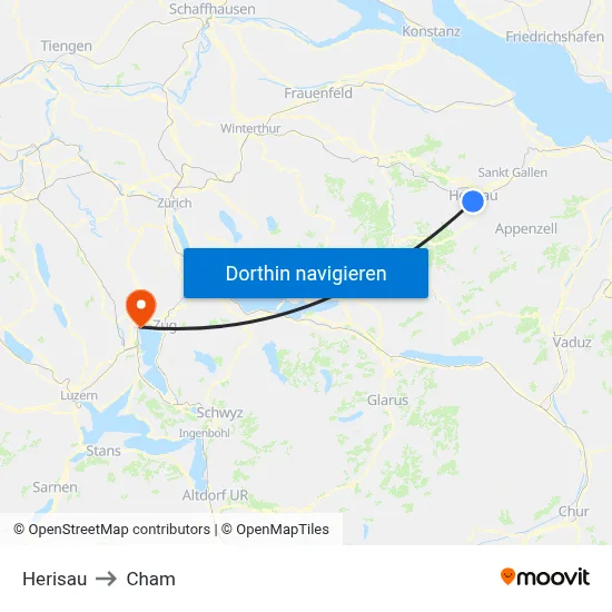 Herisau to Cham map