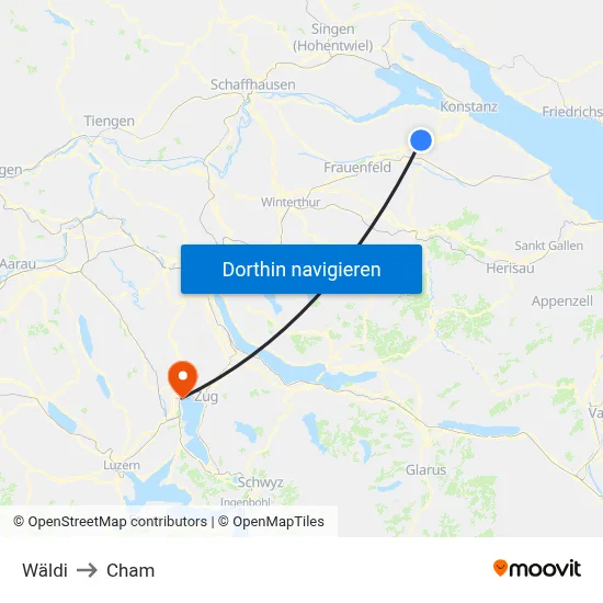 Wäldi to Cham map