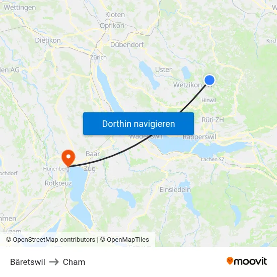Bäretswil to Cham map