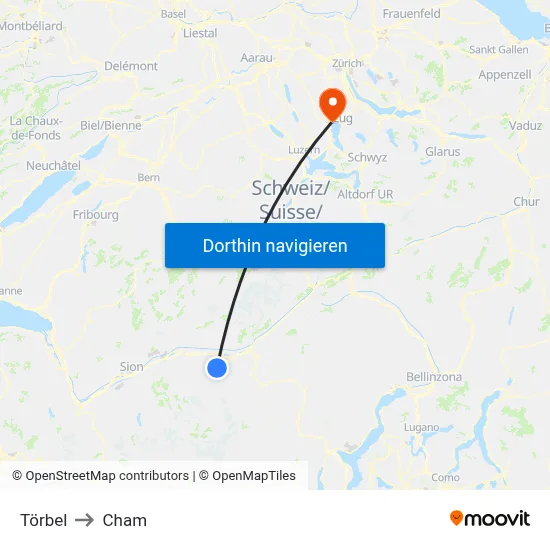 Törbel to Cham map