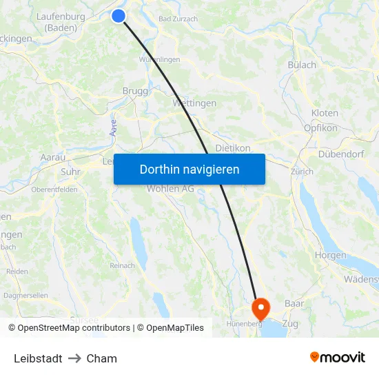Leibstadt to Cham map