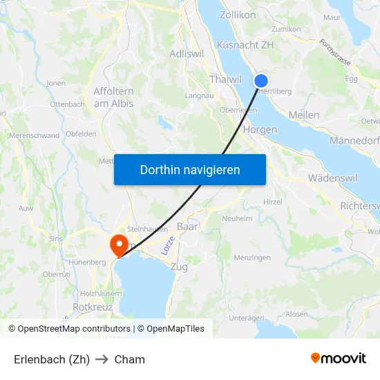 Erlenbach (Zh) to Cham map