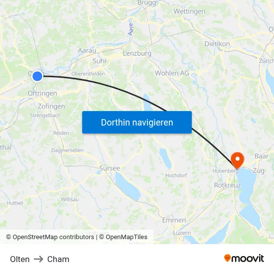 Olten to Cham map