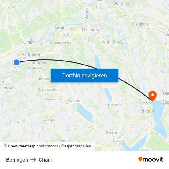 Boningen to Cham map