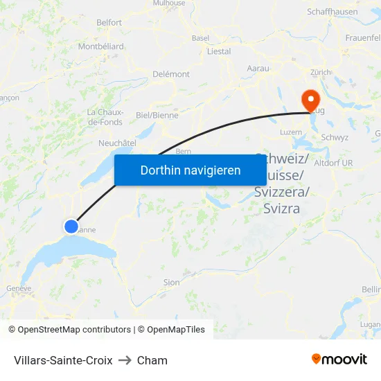 Villars-Sainte-Croix to Cham map