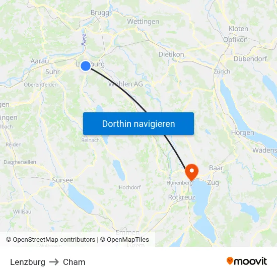 Lenzburg to Cham map