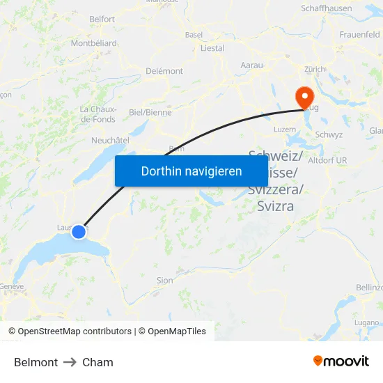 Belmont to Cham map