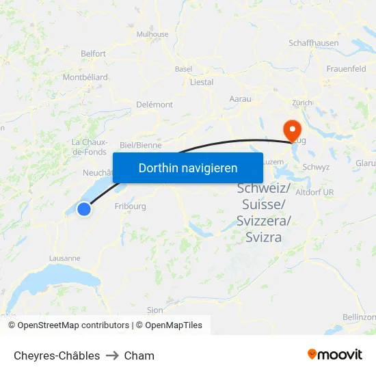 Cheyres-Châbles to Cham map