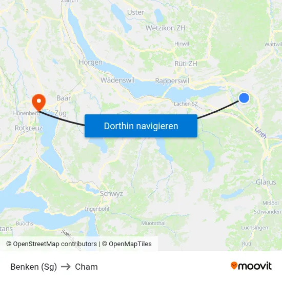 Benken (Sg) to Cham map