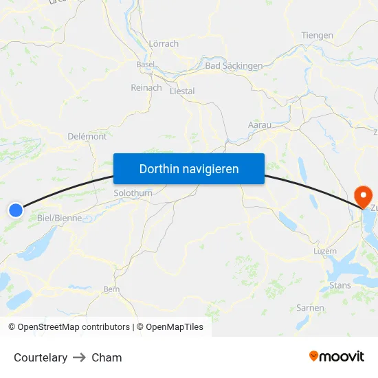 Courtelary to Cham map