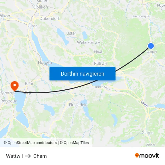 Wattwil to Cham map
