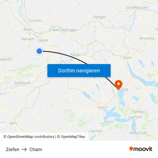 Ziefen to Cham map