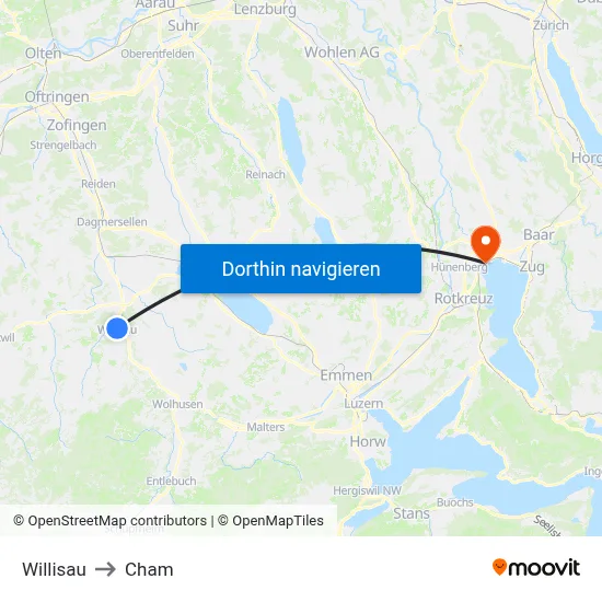 Willisau to Cham map