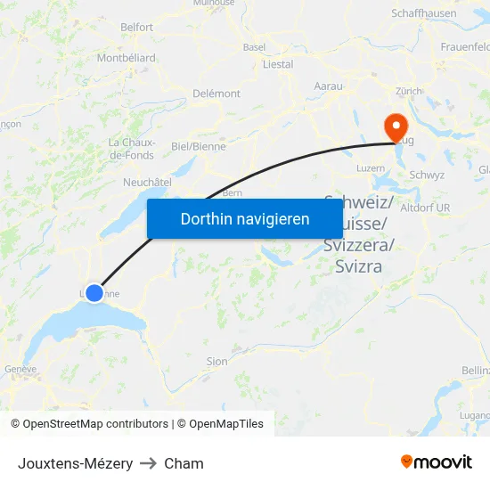 Jouxtens-Mézery to Cham map