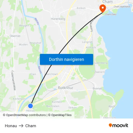 Honau to Cham map