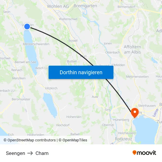 Seengen to Cham map