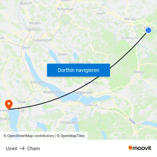 Uzwil to Cham map