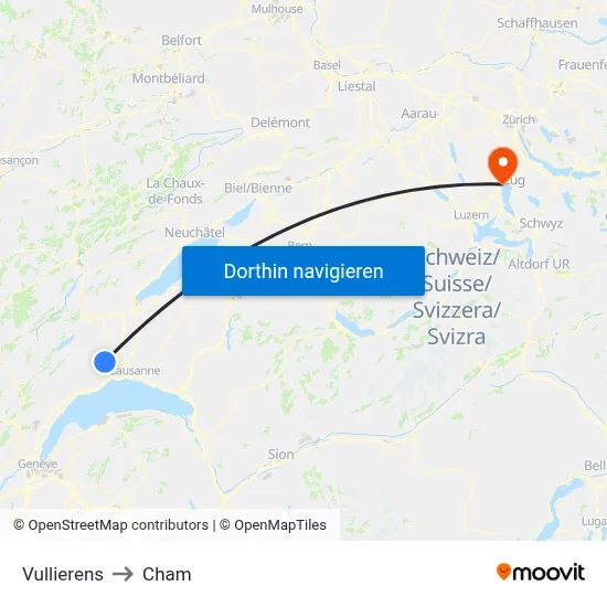 Vullierens to Cham map